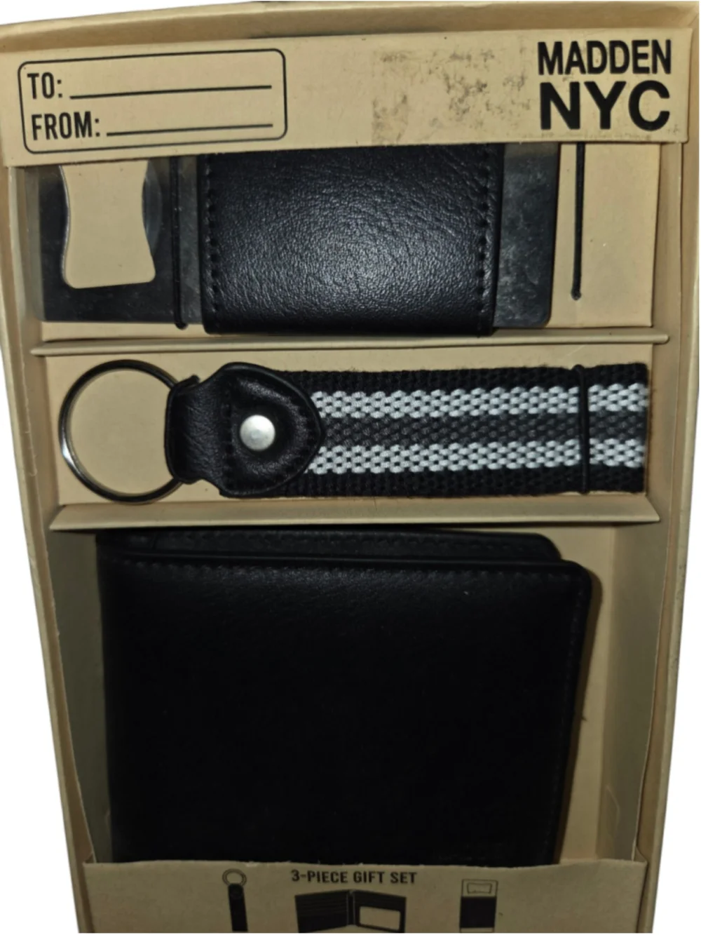 Men's Madden NYC 3-Piece Gift Set Wallet Key Chain Bottle Opener Black NEW